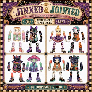 Peut inclure: Une collection de 50 poupées en papier articulées intitulée Jinxed & Jointed Part 1 par Composure Studio. L'image présente huit personnages distincts avec des membres détachables, illustrés avec des motifs colorés de chats et clowns.