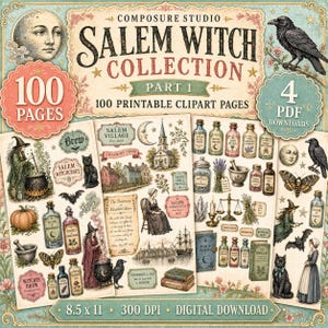 May include: A digital collection of printable clipart pages titled Salem Witch Collection Part 1, featuring illustrations of witches, black cats, ravens, potion bottles, herbs, a moon face, and historical buildings in a vintage aesthetic.