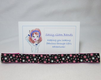 Pink and white starburst on black grosgrain 7/8" width headband