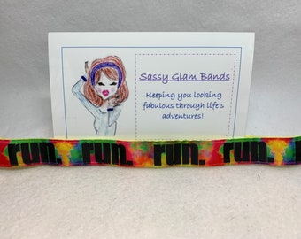 Tye dye pattern with text "run." on grosgrain ribbon 7/8" width headband