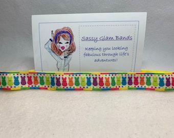 Bunny peeps en colores brillantes con lunares en cinta de grosgrain blanca Cinta de Pascua 1 "de ancho diadema
