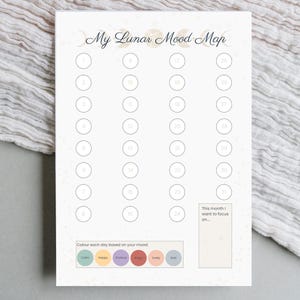 May include: A white paper titled "My Lunar Mood Map" with a grid of circles for tracking daily moods. Includes a color-coded key for moods like calm, happy, and angry. The text "This month I want to focus on..." is also present.