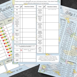 Puede incluir: Lista de verificación de alérgenos para el seguimiento de reacciones alimentarias. Incluye listas de alimentos como leche, huevos, cacahuetes y frutos secos. También incluye una tabla de alimentos para bebés. El texto dice "Tiny tastes, big steps."