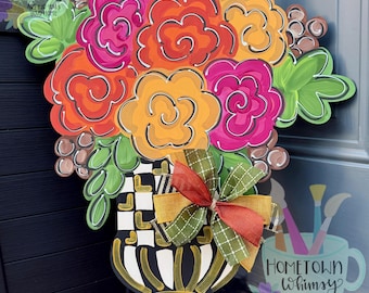 Fall Door Hanger, Elegant Fall Decor, Checkered Print Door Hanger, Race Check Door Hanger, Fall Sign, Fall Porch Decor, Fall Flowers
