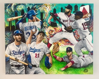 Original Art Print, 2018 World Series Original Art Painting of Boston Red Sox & Los Angeles Dodgers