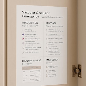 Può includere: Una guida di riferimento rapida bianca per le emergenze da occlusione vascolare, con sezioni su riconoscimento, risposta, dosaggio della ialuronidasi e contatti di emergenza. La guida è montata su una porta di un armadio di colore chiaro.