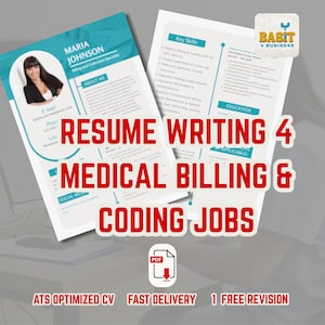 Op de afbeelding: Een rode en witte afbeelding met de tekst "RESUME WRITING 4 MEDICAL BILLING & CODING JOBS" in grote, vetgedrukte letters. De afbeelding bevat ook de tekst "ATS OPTIMIZED CV", "FAST DELIVERY" en "1 FREE REVISION".