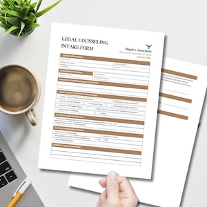 May include: A legal counseling intake form with a brown and white color scheme. The form includes sections for client information, emergency contact, reason for seeking legal counseling, legal concerns, previous legal assistance, current immigration status, and goals for legal counseling.