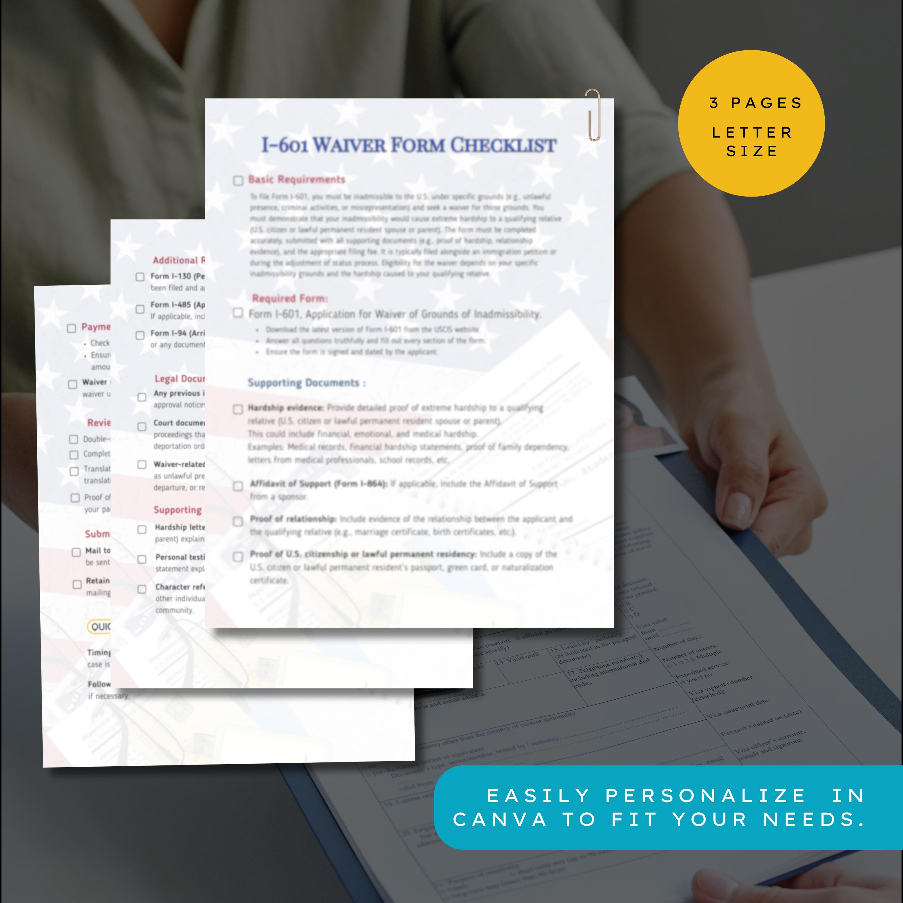 I-601 Waiver Checklist: USCIS Form Prep Guide (digital Download) - Etsy
