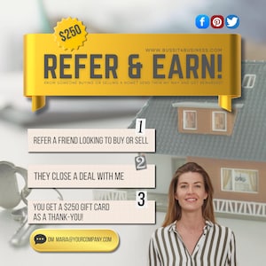 Puede incluir: Un gráfico amarillo y blanco con el texto "¡Recomienda y gana!" y "250 €". El gráfico muestra una casa, una mujer y tres pasos para ganar una tarjeta de regalo de 250 €. Paso 1: Recomienda a un amigo que busca comprar o vender. Paso 2: Cierran un trato conmigo. Paso 3: Recibes una tarjeta de regalo de 250 € como agradecimiento. DM Maria@yourcompany.com
