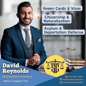 Videosjabloon immigratieadvocaat voor socialmediamanagers, digitaal visitekaartje advocaat, sjabloon juridische dienst Canva bewerkbaar