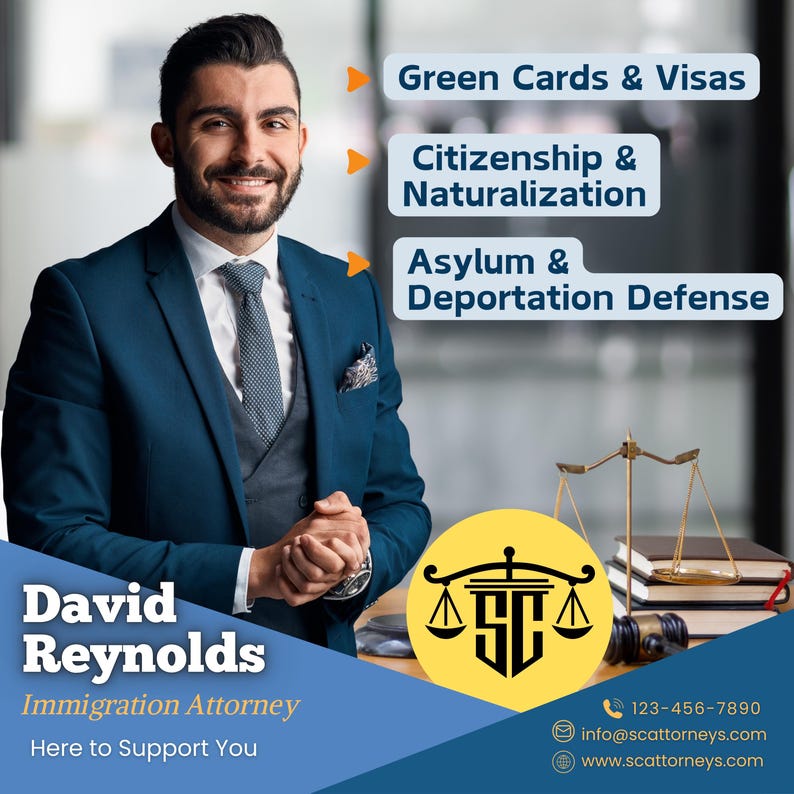 May include: A man in a blue suit and white shirt smiles at the camera. He is standing in front of a blue background with text that reads "Green Cards & Visas", "Citizenship & Naturalization", and "Asylum & Deportation Defense". The text "David Reynolds" is at the bottom left of the image, along with the text "Immigration Attorney" and "Here to Support You".