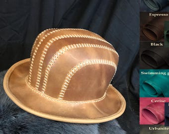 Genuine Leather Handmade Hand Stitched Bowler Hat Pick Your Color Custom Fashion Steampunk Headwear