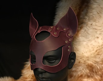 Ready to Ship Burgundy Crimson Devil Cat Leather Mask Bad Kitten Masquerade Cosplay Genuine Leather Handmade