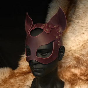 Genuine Leather Handmade Devil Cat Bad Kitten Masquerade Mask Burgundy Crimson Leather Cosplay