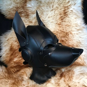 Genuine Leather Handmade Dog Pup fox foxy Mask Puppy Black leather with removable Muzzle