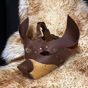 Genuine Leather Handmade Dog Pup Mask Puppy Brown + Tan Leather Costume