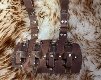 Acorn Brown 4 Bottle Belt Hanger Steampunk Leather Handmade  , large bottles  leather antique brass hardware. Dress up Cos play Larp