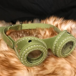 Steampunk Handmade Hand Stitched Genuine Leather Goggles Lime Green Hat Goggles Costume  Fancy Dress Cosplay