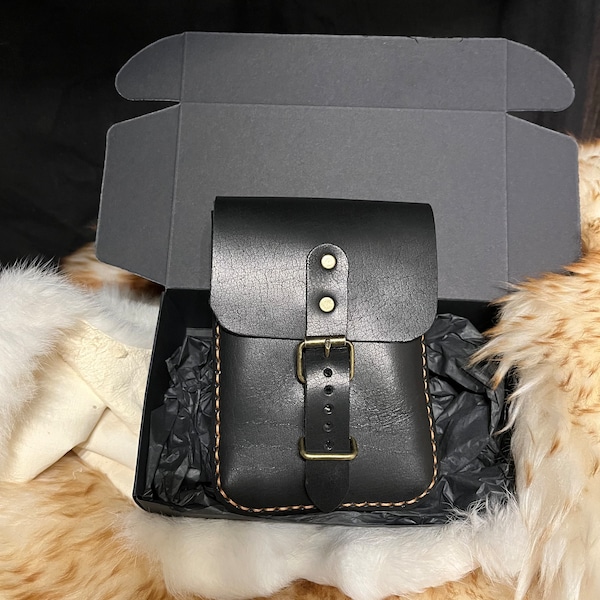 Genuine Leather Hand Stitched Handmade Black Leather Belt Bag With Gift Box Leather Hip Bag Waist Bag Festival Belt Bag