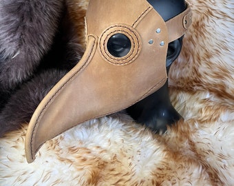 Masque de médecin de la peste fait main steampunk en cuir véritable avec bec en cuir de vache country marron clair