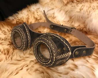 Steampunk Handmade Hand Stitched Genuine Leather Goggles Bark Brown Hat Goggles Costume  Fancy Dress Cosplay