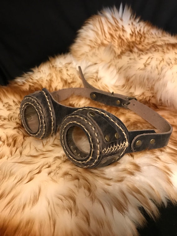 Ready To Ship Leather Goggles Bark Brown Steampunk Handmade Hand Stitched Genuine Hat Goggles Costume  Fancy Dress Cosplay