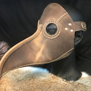 Genuine Leather Steampunk Handmade Hand Stitched Plague Doctor Mask With Beak Brown Country Cow Leather