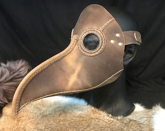 Masque de médecin de la peste steampunk cousu à la main en cuir véritable avec bec en cuir de vache marron