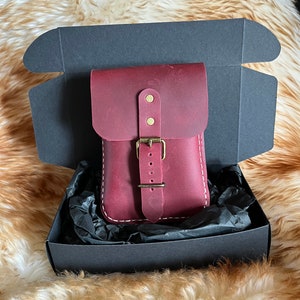 Riñonera de cuero genuino cosida a mano, hecha a mano, de color burdeos y carmesí, con caja de regalo, riñonera de cuero, riñonera para festivales.