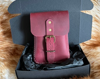 Genuine Leather Hand Stitched Handmade leather burgundy crimson leather belt bag with gift box leather hip bag waist bag festival belt bag