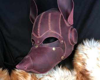 1 Genuine Leather Handmade Dog Pup Fox Foxy Mask Burgundy crimson Puppy Costume