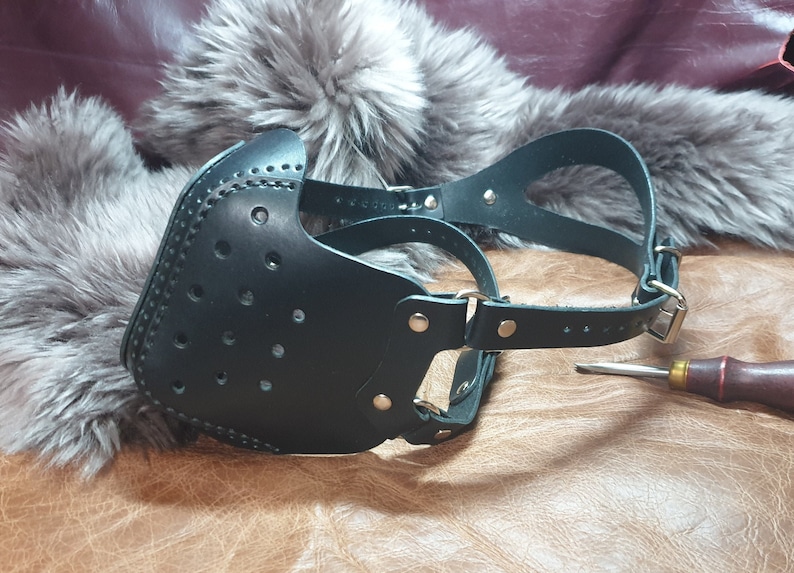 Handmade Hand Stitched Genuine Leather Steampunk Biker Face Mask, Mouth Mask, Costume image 1