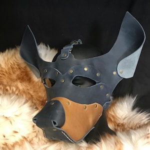 Genuine Leather Handmade Dog Pup Mask Hood Blue + Tan Leather costume