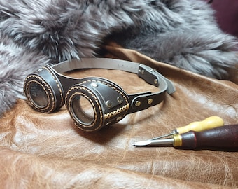 Steampunk handgemaakte handgestikte lederen bril Hoed bril kostuum Veg Tan Uniek
