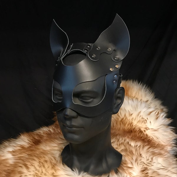 Genuine Leather Handmade Devil Cat Bad Kitten Masquerade Mask Black Leather Cosplay