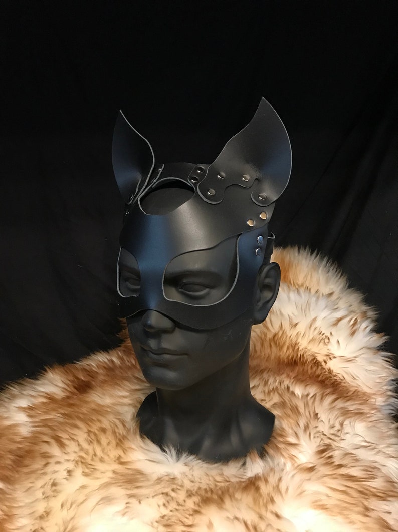 Ready to ship Genuine Leather Handmade Devil Cat Bad Kitten Masquerade Mask Black Leather Cosplay image 1