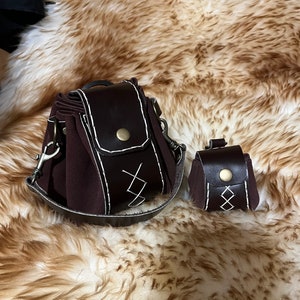 Steampunk Leder Hand genähte handgemachte dunkelbraune Gürtel Kleiderbügel + Handtasche Hip Bag Draw String Festival Gürteltasche