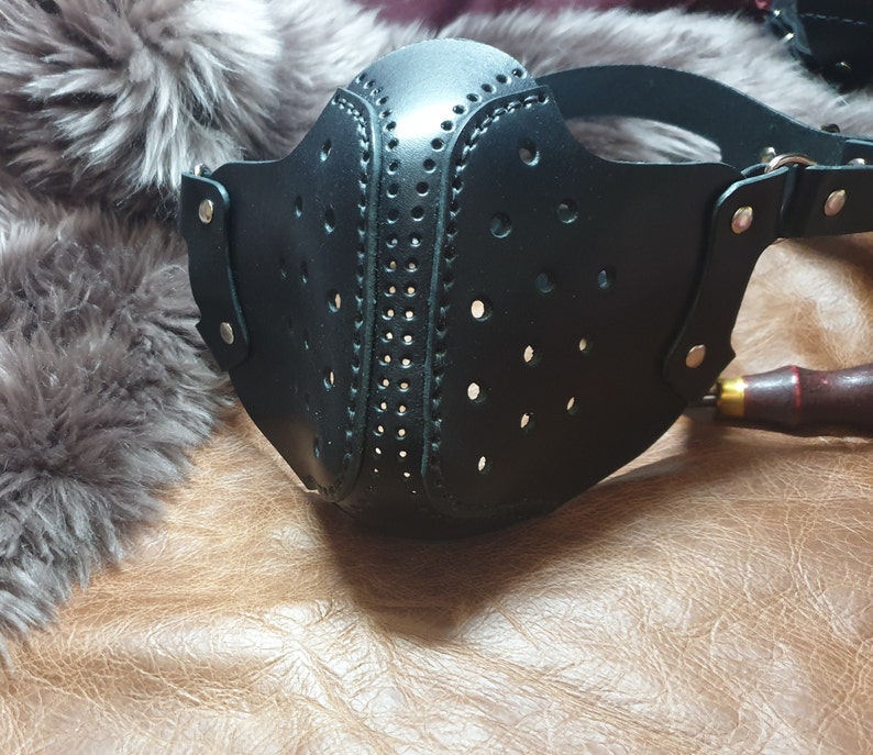 Handmade Hand Stitched Genuine Leather Steampunk Biker Face Mask, Mouth Mask, Costume black leather