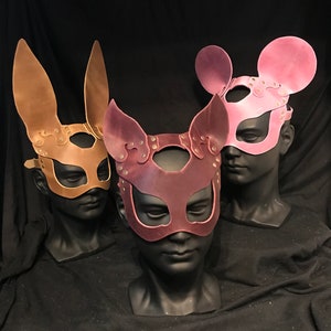 Genuine Leather Handmade Rabbit Bad Bunny, Mouse or Cat Kitten or Puppy Pick Color Masquerade Mask Cosplay
