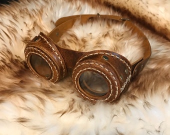 Steampunk Handmade Hand Stitched Genuine Leather Goggles Coach Brown Hat Goggles Costume  Fancy Dress Cosplay