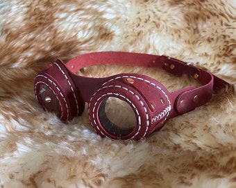 Steampunk Handmade Hand Stitched Genuine Leather Goggles Cherry Burgundy Hat Goggles Costume  Fancy Dress Cosplay