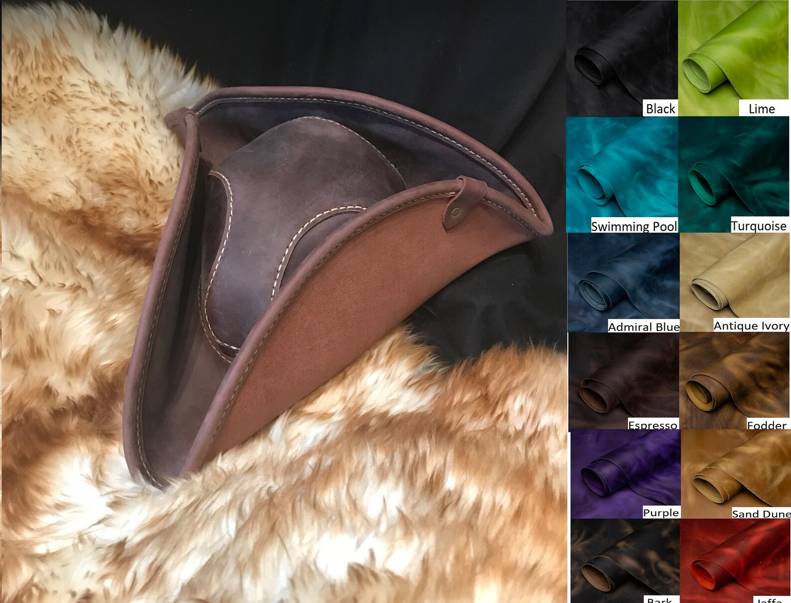 Genuine Leather Handmade Hand Stitched Tricorn Hat Pick Your Color