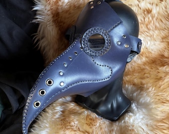 Ready to Ship Navy Blue Plague Doctor Mask Hood Genuine Leather Handmade leather cos play dress up