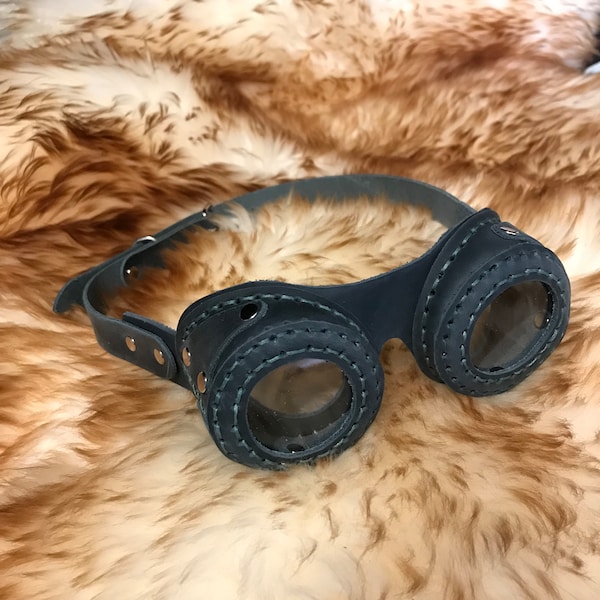Steampunk Handmade Hand Stitched Genuine Leather Goggles Midnight blue Hat Goggles Costume  Fancy Dress Cosplay