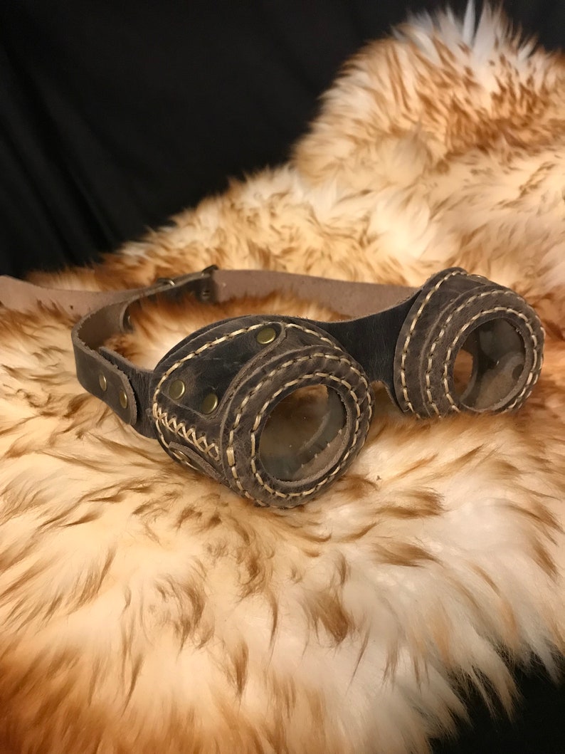 Ready To Ship Leather Goggles Bark Brown Steampunk Handmade Hand Stitched Genuine Hat Goggles Costume Fancy Dress Cosplay image 2