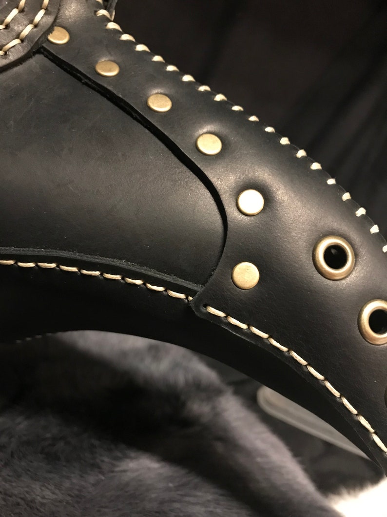 May include: Close-up of a black leather mask with white stitching and gold-toned rivets. The mask has a long, pointed nose and eye holes.