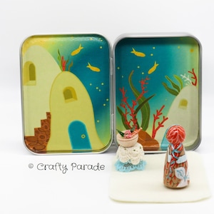 At Sunset, Mermaid, Kids, Playset, miniature doll, peg doll, toy, quiet toy, Tin box playset, Altoid tin, miniature, sea, coral, seaweeds