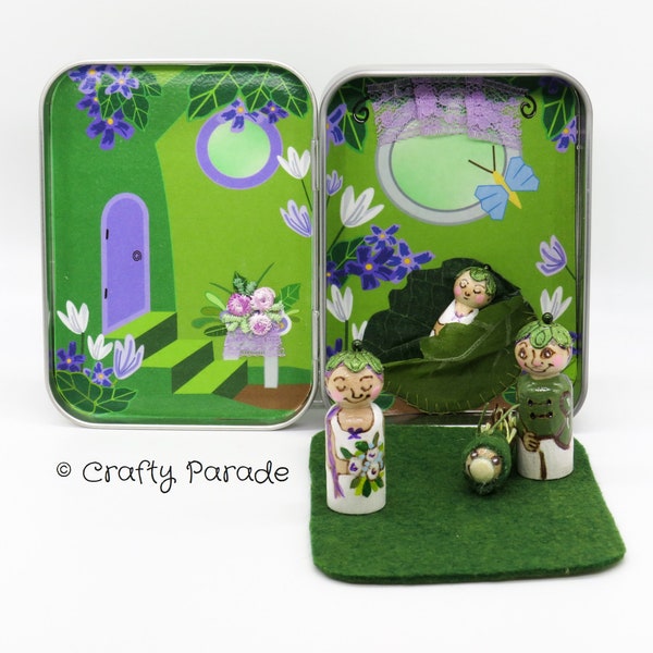 A Baby Fairy is born, Fairy tale, fairy, Playset, miniature doll, peg doll, toy, handmade, quiet toy, Tin box playset, Altoid tin