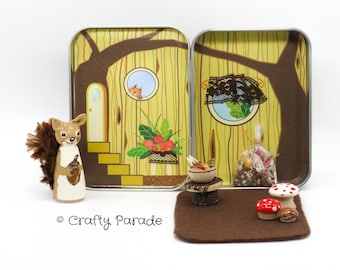 Squirrel Tin Box Playset: Miniature Peg Doll, Handmade Quiet Toy